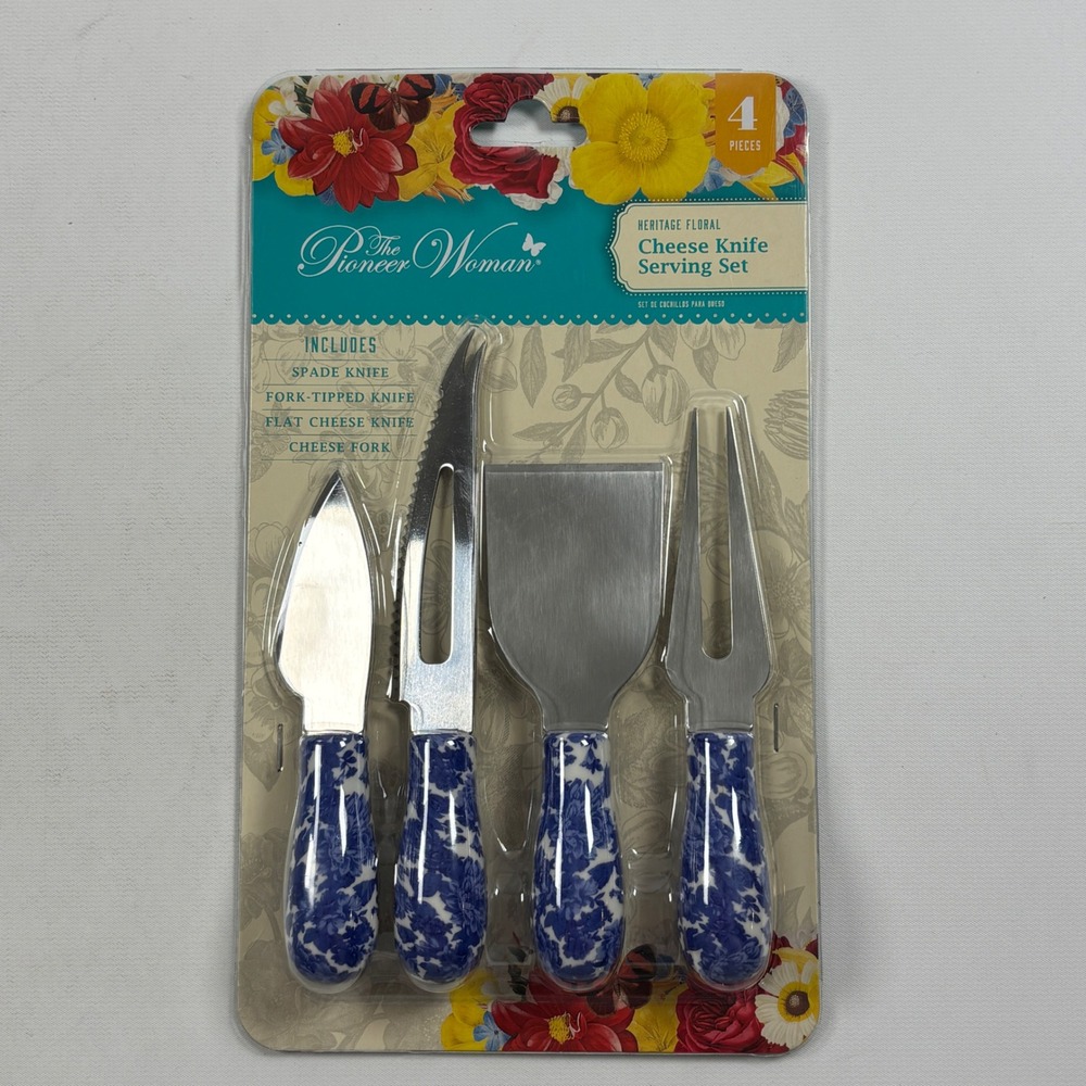 The Pioneer Woman Heritage Floral 4 Piece Cheese Knife Serving Set Blue White